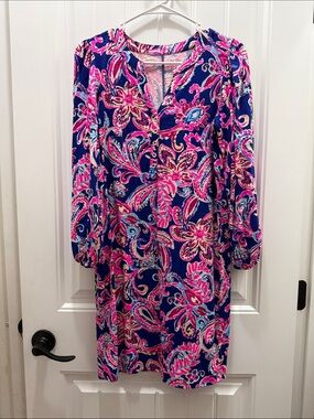 Lilly Pulitzer Emery Tunic Dress Multi Flitting About Pink Blue Pima Cotton S